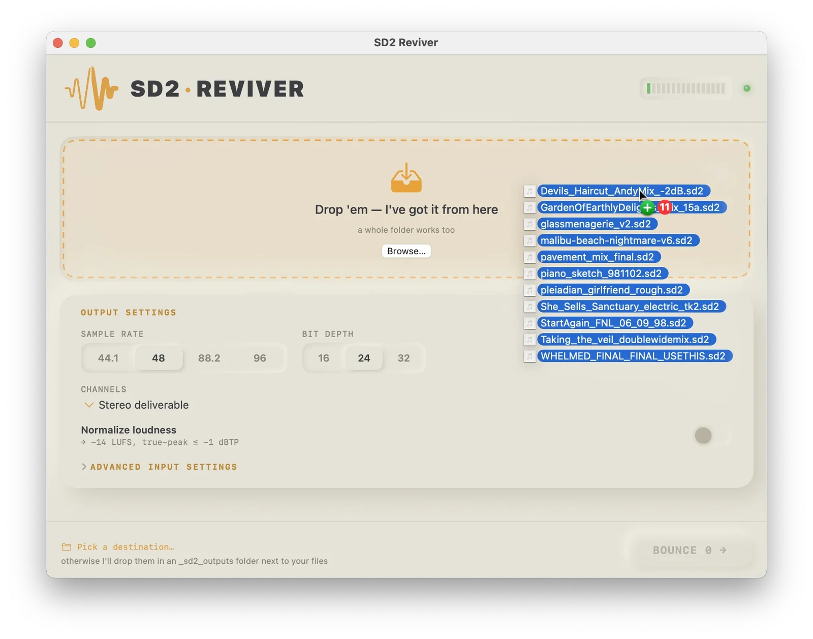 SD2 Reviver with a batch of eleven .sd2 files being dragged onto the drop zone, ready to bounce.